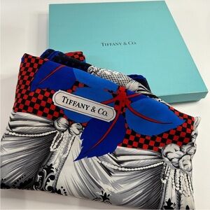 Tiffany & Co T Design Black with Blue Leaves Print Silk Scarf